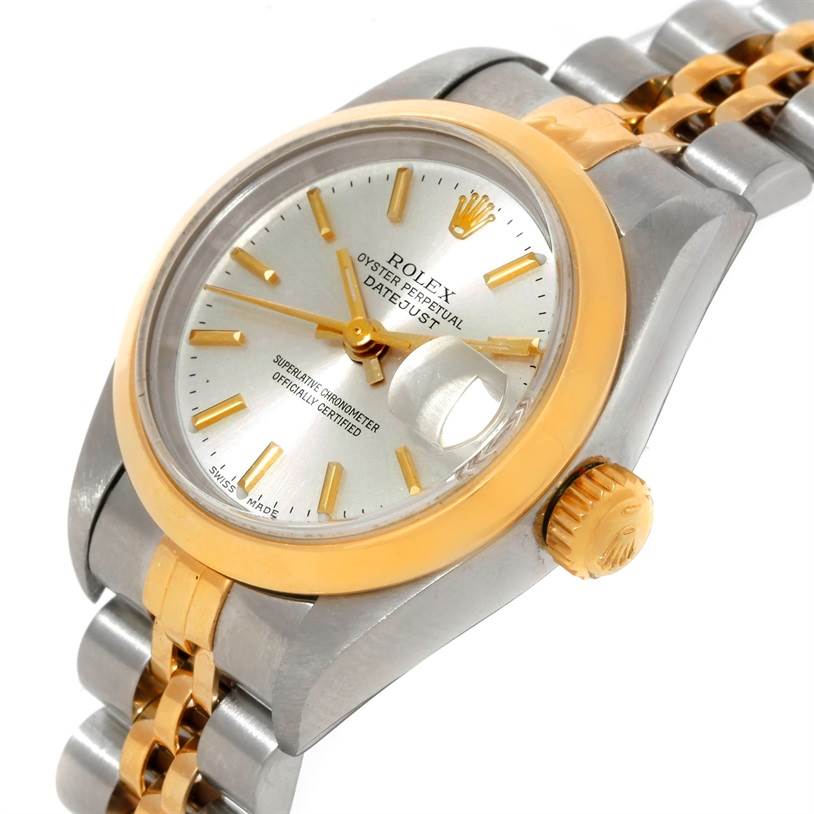 A Rolex Datejust 69173 Women's Stainless Steel Silver Dial 69173 Women's Stainless Steel Silver Dial watch is shown from a slightly angled top-down view, highlighting the face, bezel, crown, and part of the bracelet.