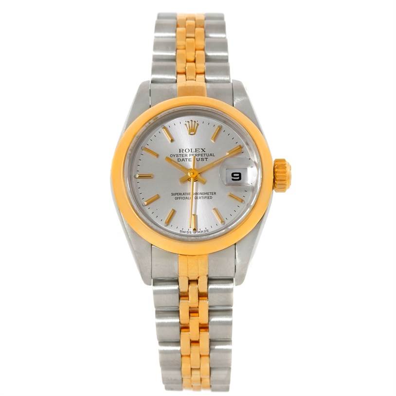 The image shows a front view of a Rolex Datejust 69173 Women's Stainless Steel Silver Dial 69173 Women's Stainless Steel Silver Dial watch with a two-tone bracelet and a yellow gold bezel.