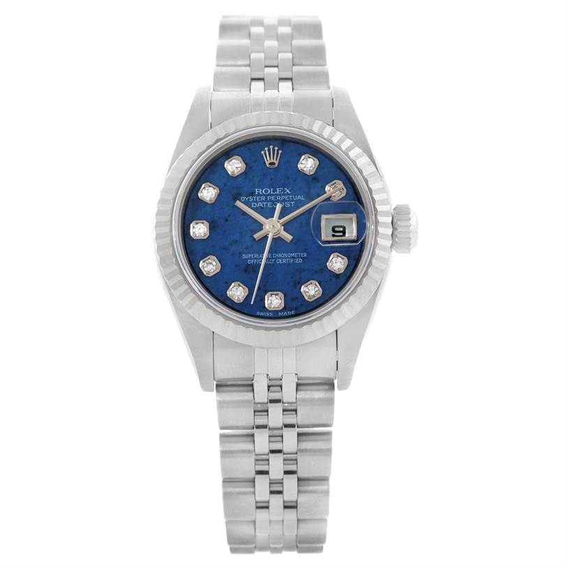 The image shows a front view of a Rolex Datejust 79174 Women's Stainless Steel Blue Dial 79174 Women's Stainless Steel Blue Dial with a blue dial, diamond hour markers, and a stainless steel bracelet.