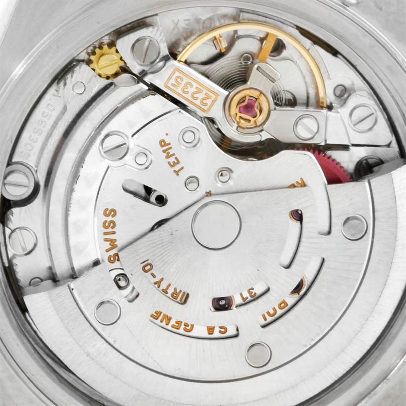 The image shows the internal mechanical components of a Rolex Datejust 79174 Women's Stainless Steel Blue Dial 79174 Women's Stainless Steel Blue Dial watch movement at a close-up angle.