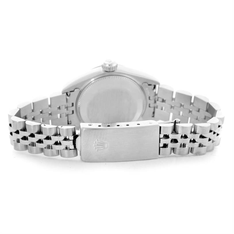 This image shows the back view of a Rolex Datejust 79174 Women's Stainless Steel Blue Dial 79174 Women's Stainless Steel Blue Dial watch, displaying the case back and bracelet clasp.