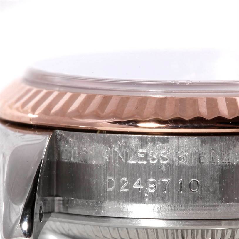 The image shows a close-up view of the case side and bezel of a Rolex Datejust 179171 Women's Steel and Gold (two tone) Pink Dial 179171 Women's Steel and Gold (two tone) Pink Dial watch.