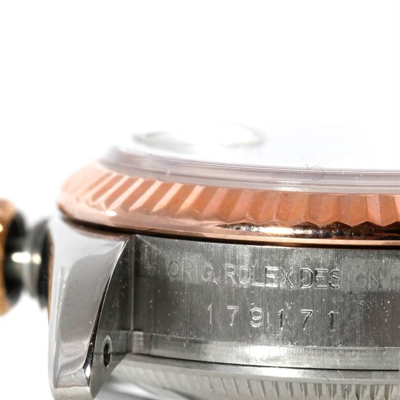 The image shows a close-up side view of the case and bezel of a Rolex Datejust 179171 Women's Steel and Gold (two tone) Pink Dial 179171 Women's Steel and Gold (two tone) Pink Dial watch.