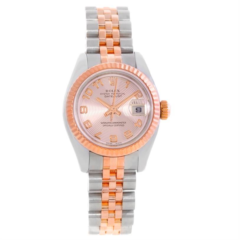 This image shows a Rolex Datejust 179171 Women's Steel and Gold (two tone) Pink Dial 179171 Women's Steel and Gold (two tone) Pink Dial watch from a top-down angle, displaying the face, dial, bezel, and the two-tone bracelet.