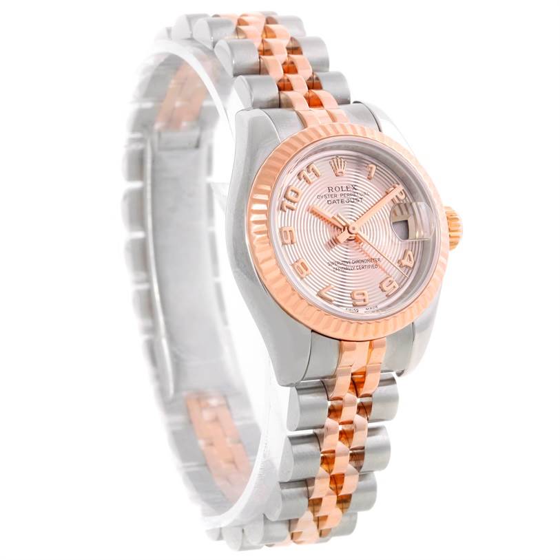 The image shows a Rolex Datejust 179171 Women's Steel and Gold (two tone) Pink Dial 179171 Women's Steel and Gold (two tone) Pink Dial watch at an oblique angle, focusing on the face, bezel, and bracelet.