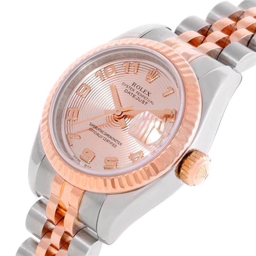 This Rolex Datejust 179171 Women's Steel and Gold (two tone) Pink Dial 179171 Women's Steel and Gold (two tone) Pink Dial watch is shown from an angled top view, highlighting the dial, crown, and Jubilee bracelet.