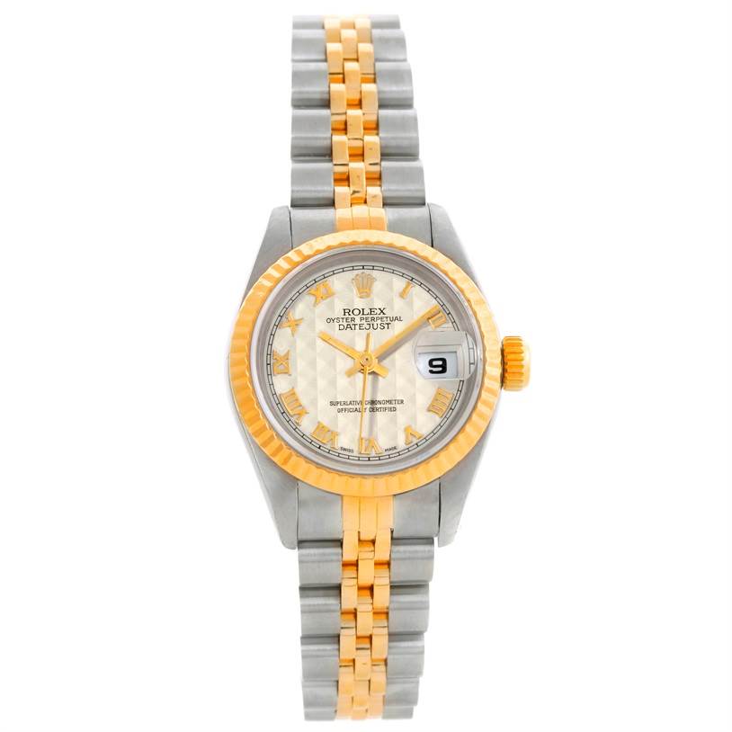 The image shows a Rolex Datejust 69173 Women
s Stainless Steel Beige Dial 69173 Women
s Stainless Steel Beige Dial watch from a front angle, highlighting the face, bezel, and bracelet.