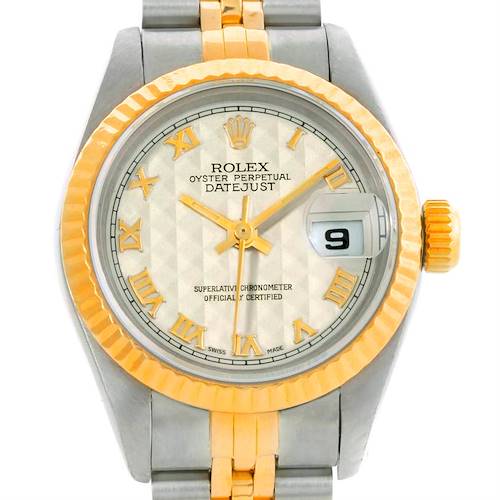 Photo of Rolex Datejust Ladies Steel 18k Yellow Gold Pyramid Dial Watch 69173