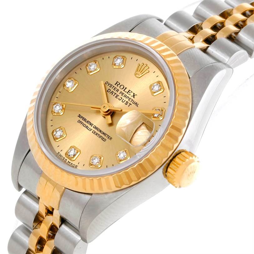 This image shows a close-up, angled view of a Rolex Datejust 69173 Women's Stainless Steel Champagne Dial 69173 Women's Stainless Steel Champagne Dial watch, highlighting its face, bezel, crown, and part of the bracelet.