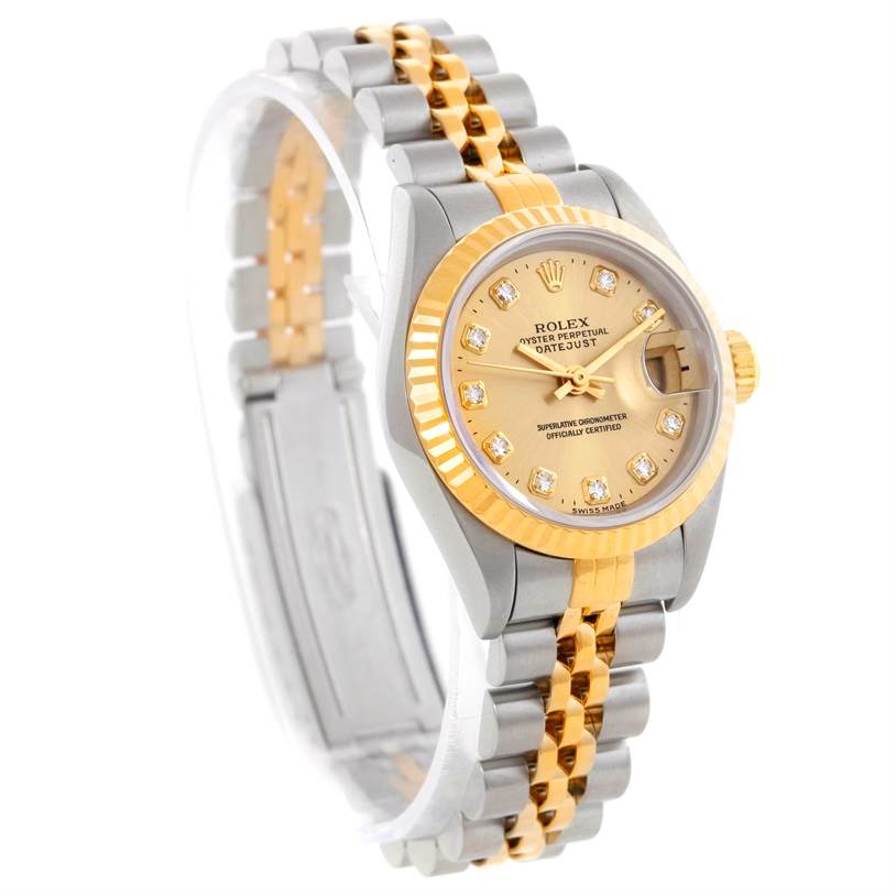 The Rolex Datejust 69173 Women's Stainless Steel Champagne Dial 69173 Women's Stainless Steel Champagne Dial watch is shown at an angle showcasing its dial, bezel, and two-tone bracelet.