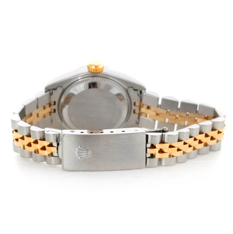 The image shows the case back, crown, and two-tone Jubilee bracelet of a Rolex Datejust 69173 Women's Stainless Steel Champagne Dial 69173 Women's Stainless Steel Champagne Dial watch from the rear angle.