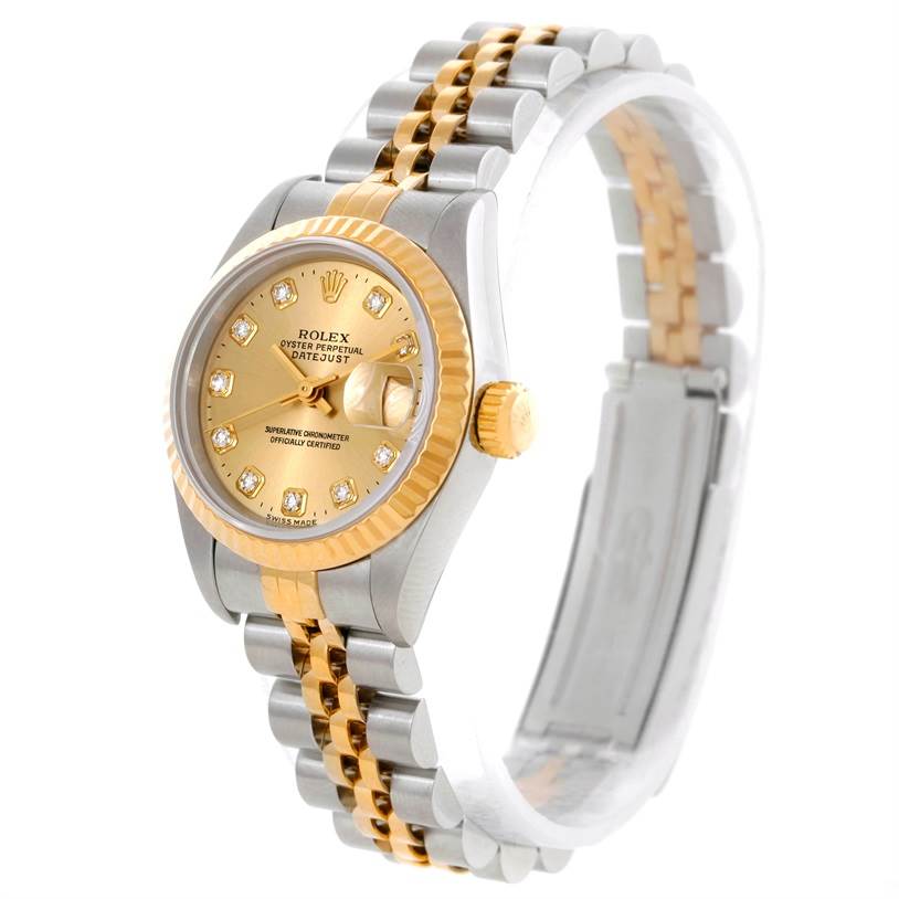The image shows a Rolex Datejust 69173 Women's Stainless Steel Champagne Dial 69173 Women's Stainless Steel Champagne Dial watch angled to display its face, bezel, crown, and two-tone jubilee bracelet.