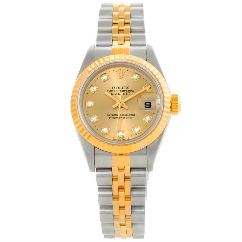 This image shows a front view of a Rolex Datejust 69173 Women's Stainless Steel Champagne Dial 69173 Women's Stainless Steel Champagne Dial watch, highlighting the dial, bezel, and two-tone bracelet.