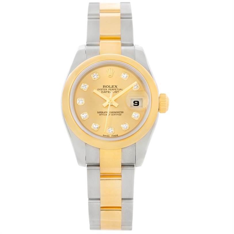This is a front view of a Rolex Datejust 179163 Women's Steel and Gold (two tone) Champagne Dial 179163 Women's Steel and Gold (two tone) Champagne Dial watch showcasing its two-tone bracelet and diamond-set champagne dial with a date display.
