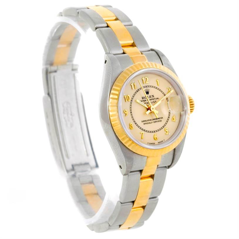 The image shows a Rolex Datejust 69173 Men's Stainless Steel Beige Dial 69173 Men's Stainless Steel Beige Dial watch from an angled side view, highlighting the face, bezel, and two-tone bracelet.