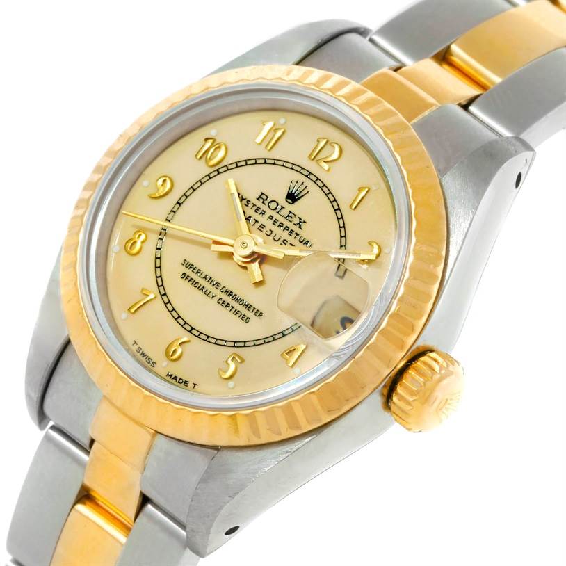 The image shows a Rolex Datejust 69173 Men's Stainless Steel Beige Dial 69173 Men's Stainless Steel Beige Dial watch from an angled view, highlighting the dial, bezel, and part of the bracelet.