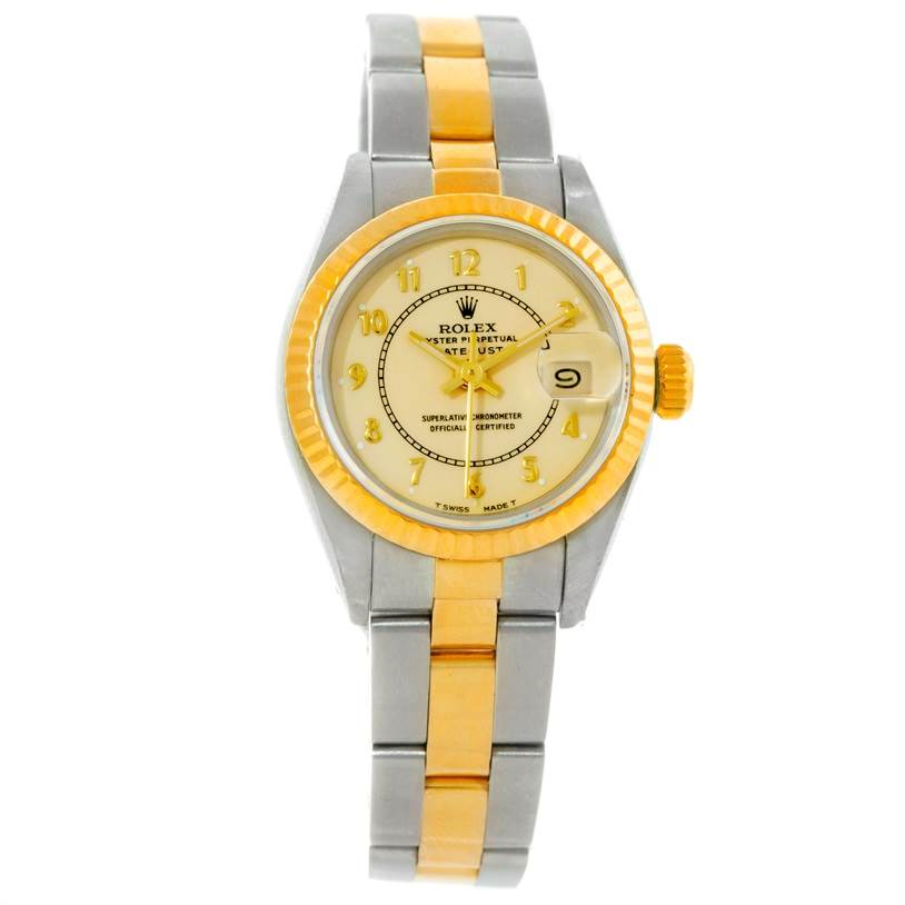 This image shows a front view of a Rolex Datejust 69173 Men's Stainless Steel Beige Dial 69173 Men's Stainless Steel Beige Dial watch, displaying its face, bezel, crown, and two-tone bracelet.