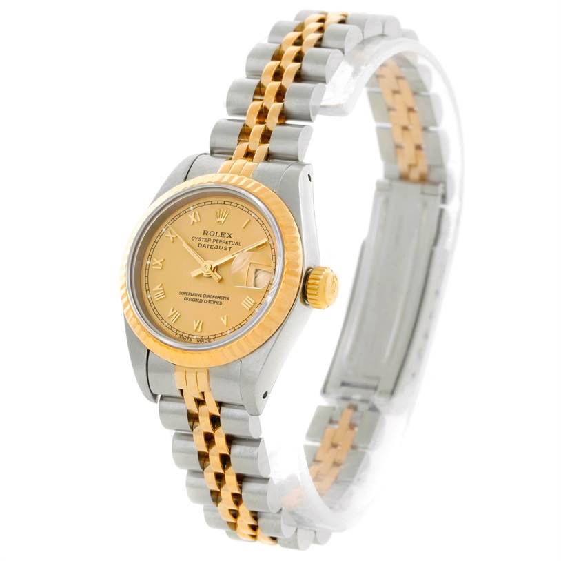 The image shows a side angle of a Rolex Datejust 69173 Women's Stainless Steel Champagne Dial 69173 Women's Stainless Steel Champagne Dial watch, highlighting the dial, bezel, crown, and Jubilee bracelet.