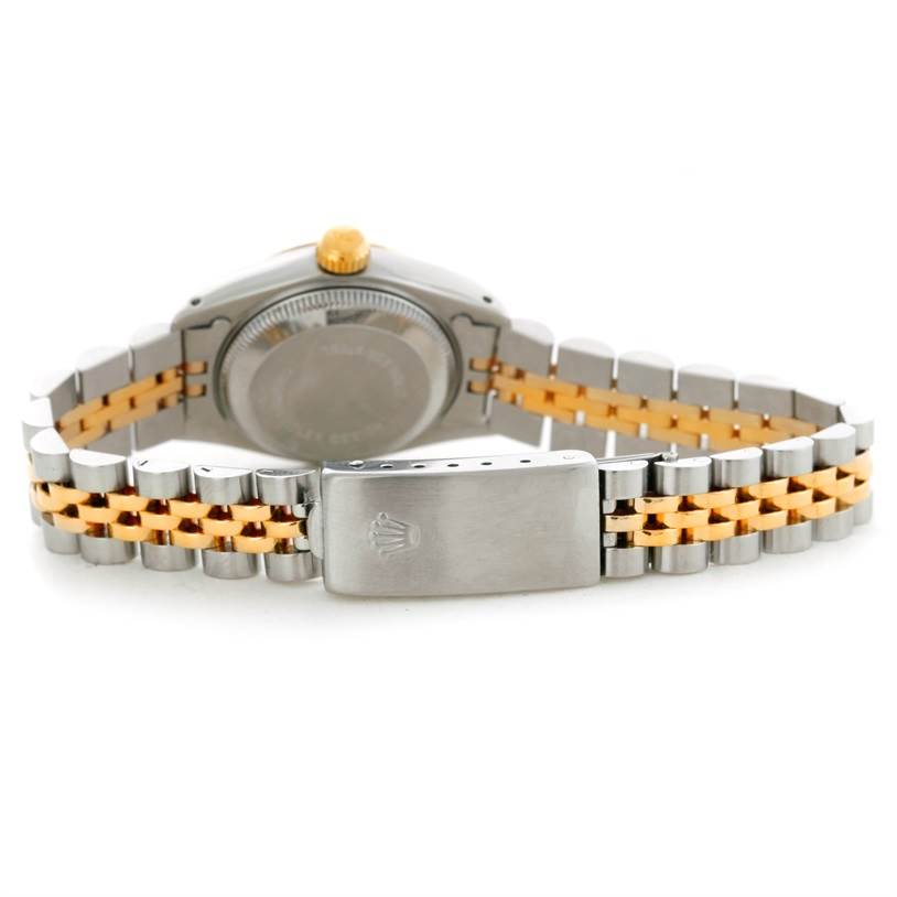 The image shows the backside and clasp of a two-tone Rolex Datejust 69173 Women's Stainless Steel Champagne Dial 69173 Women's Stainless Steel Champagne Dial watch.