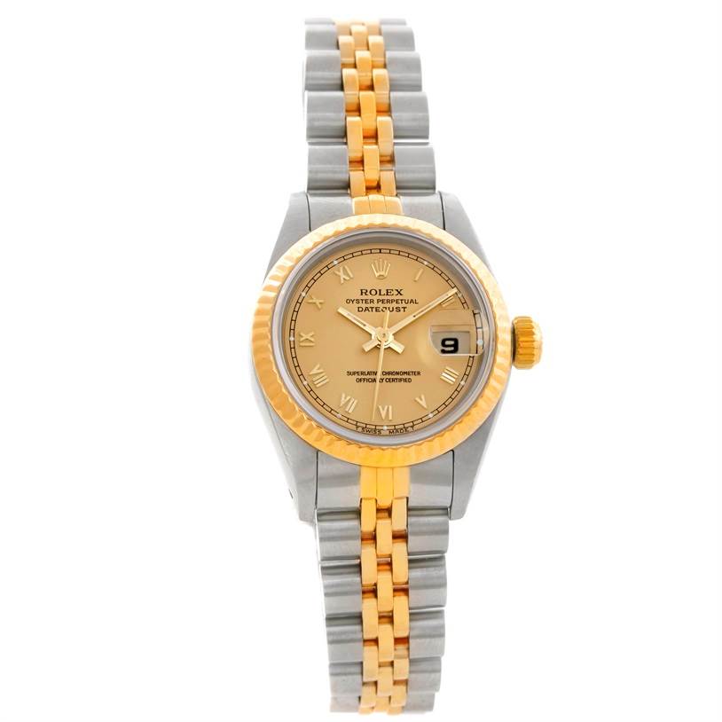 This image shows a front view of the Rolex Datejust 69173 Women's Stainless Steel Champagne Dial 69173 Women's Stainless Steel Champagne Dial, displaying its two-tone bracelet, gold bezel, and dial with a date window.