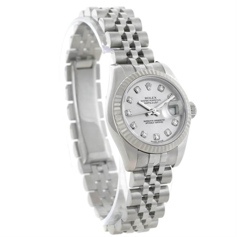 The image shows a side profile and partial front view of a Rolex Datejust 179174 Women's Stainless Steel Silver Dial 179174 Women's Stainless Steel Silver Dial watch, highlighting its stainless steel case and bracelet.