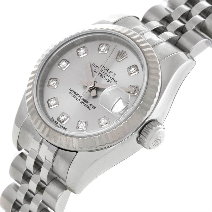 The image shows a close-up angled view of the Rolex Datejust 179174 Women's Stainless Steel Silver Dial 179174 Women's Stainless Steel Silver Dial watch, highlighting its face, bezel, and part of the bracelet.