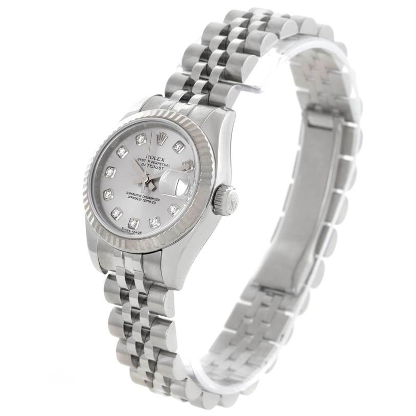 The image shows a Rolex Datejust 179174 Women's Stainless Steel Silver Dial 179174 Women's Stainless Steel Silver Dial watch from an angled side view, highlighting the face, bezel, crown, and bracelet.