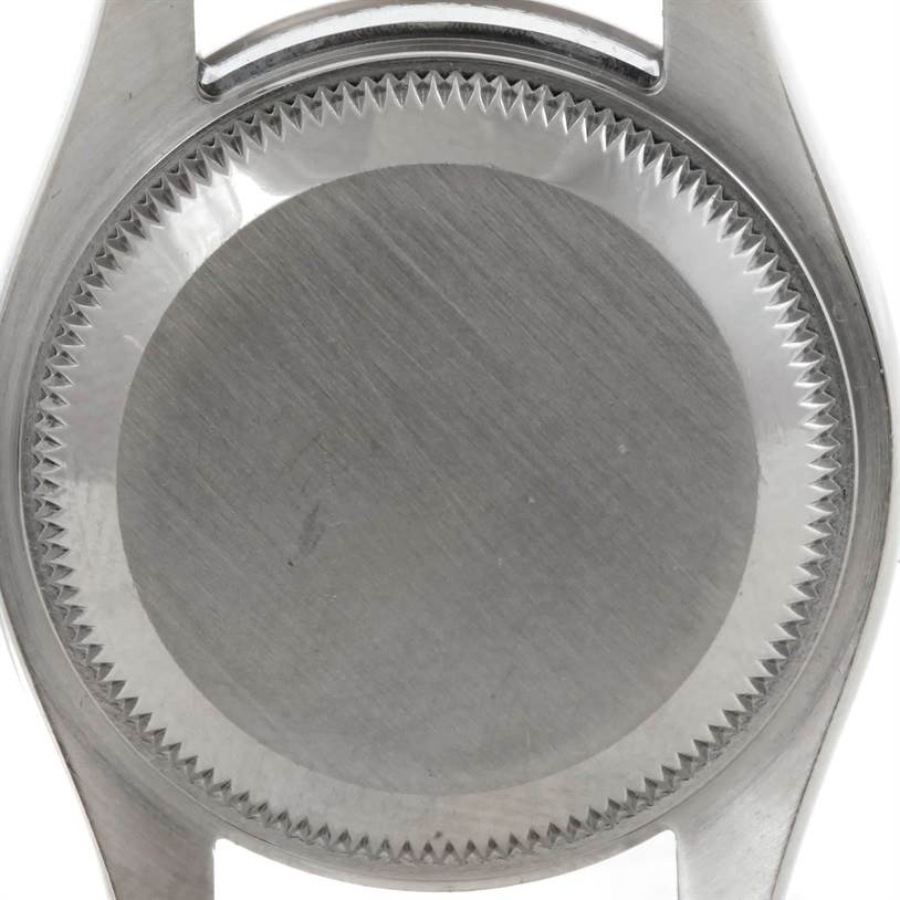 The image shows the back case of a Rolex Datejust 179174 Women's Stainless Steel Silver Dial 179174 Women's Stainless Steel Silver Dial watch from a direct top-down angle.