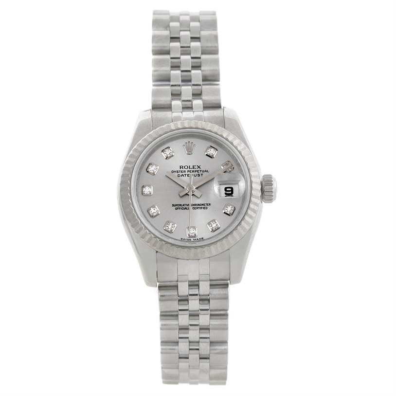 The image shows a front view of a Rolex Datejust 179174 Women's Stainless Steel Silver Dial 179174 Women's Stainless Steel Silver Dial watch, displaying its face, bracelet, and crown.