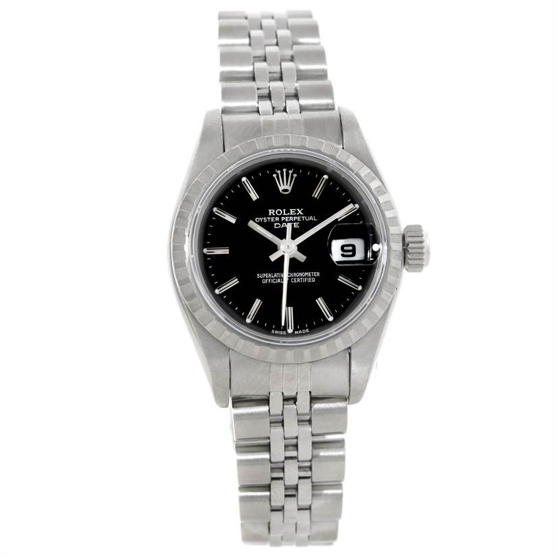 The image shows a front view of a Rolex Datejust 79240 Women's Stainless Steel Black Dial 79240 Women's Stainless Steel Black Dial watch, highlighting the dial, bezel, and bracelet.