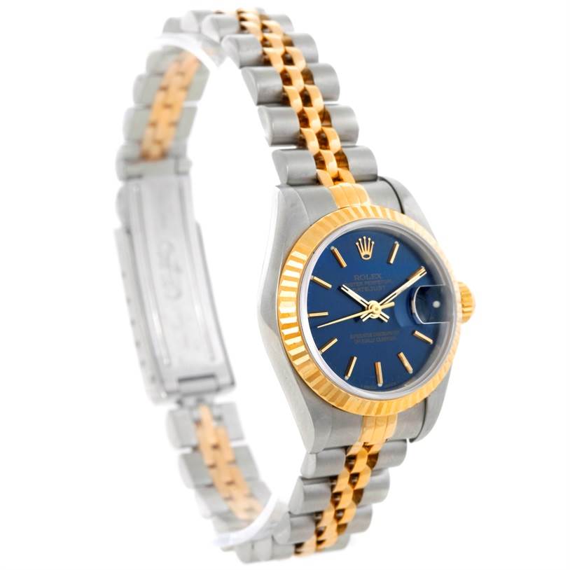 The image shows a Rolex Datejust 69173 Women's Stainless Steel Blue Dial 69173 Women's Stainless Steel Blue Dial watch featuring a blue dial and two-tone metal bracelet at a front-side angle.