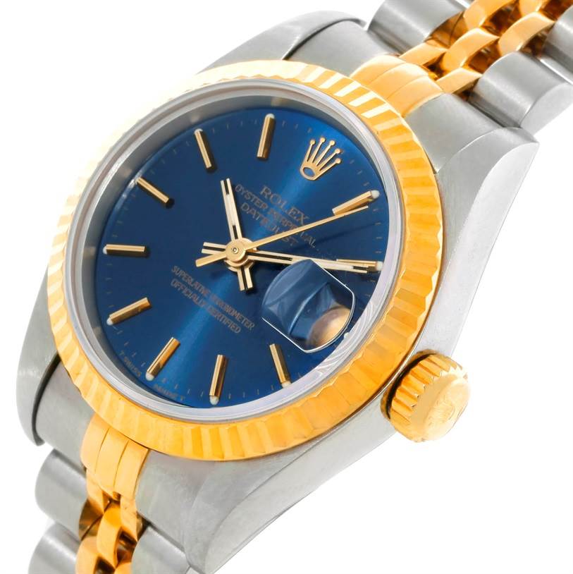 This Rolex Datejust 69173 Women's Stainless Steel Blue Dial 69173 Women's Stainless Steel Blue Dial watch is shown in a close-up angle highlighting the dial, bezel, crown, and part of the bracelet.