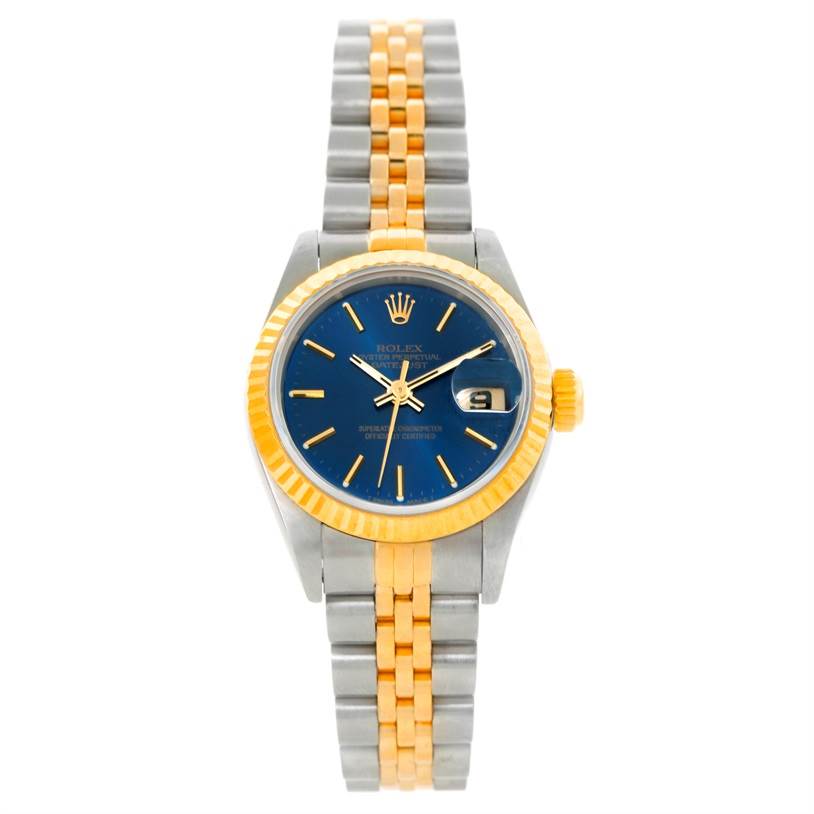 This Rolex Datejust 69173 Women's Stainless Steel Blue Dial 69173 Women's Stainless Steel Blue Dial watch is shown from a straight-on angle, displaying the face, bezel, and bracelet.