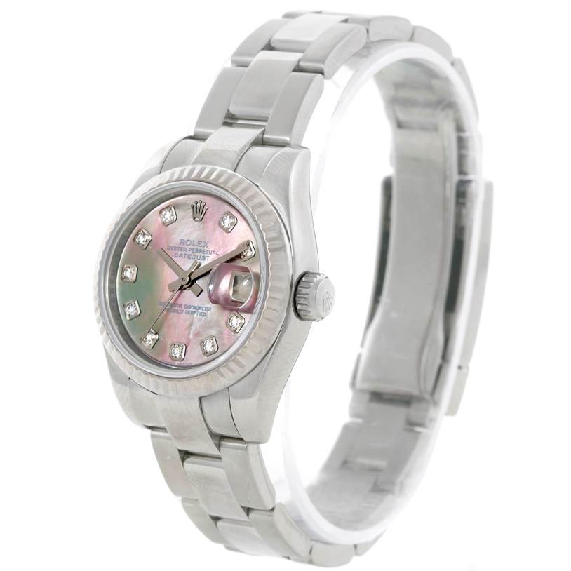 The image shows a side angle of the Rolex Datejust 179174 Women's Stainless Steel Mother of Pearl Dial 179174 Women's Stainless Steel Mother of Pearl Dial watch featuring its bracelet, case, crown, and mother-of-pearl dial.