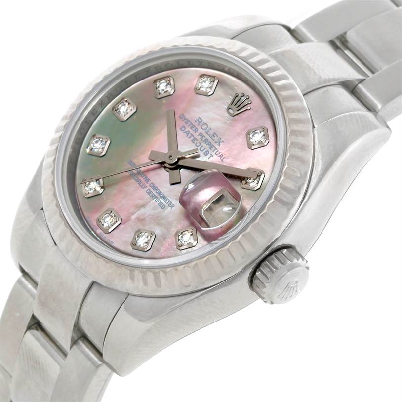 This image shows a close-up angled view of a Rolex Datejust 179174 Women's Stainless Steel Mother of Pearl Dial 179174 Women's Stainless Steel Mother of Pearl Dial watch, highlighting the dial, bezel, and crown.
