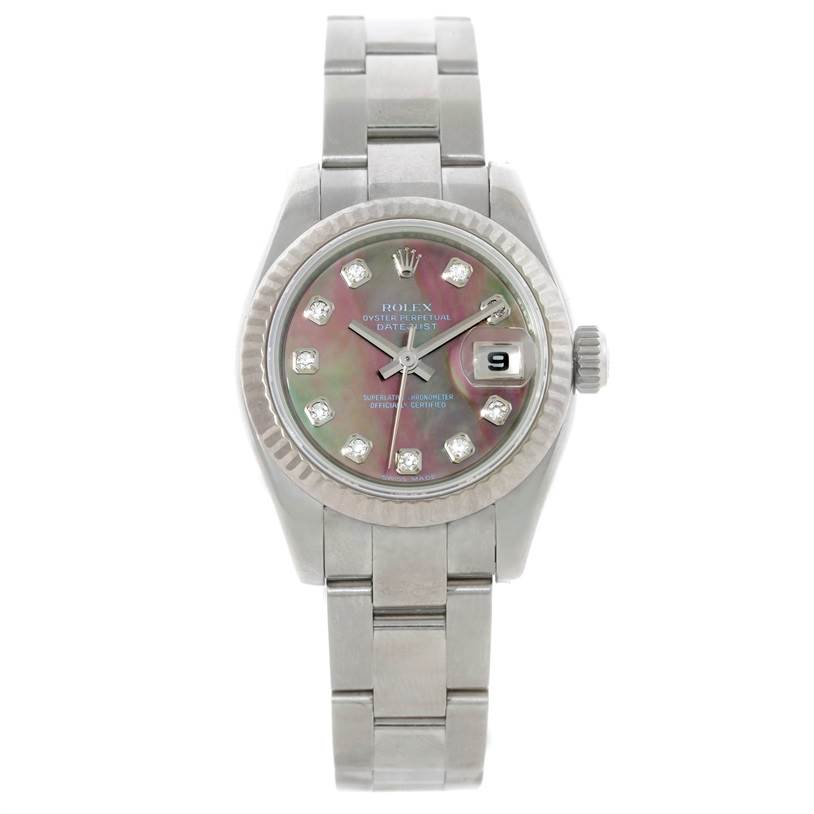 This image shows a frontal view of a Rolex Datejust 179174 Women's Stainless Steel Mother of Pearl Dial 179174 Women's Stainless Steel Mother of Pearl Dial watch, displaying its dial, case, bracelet, and crown.