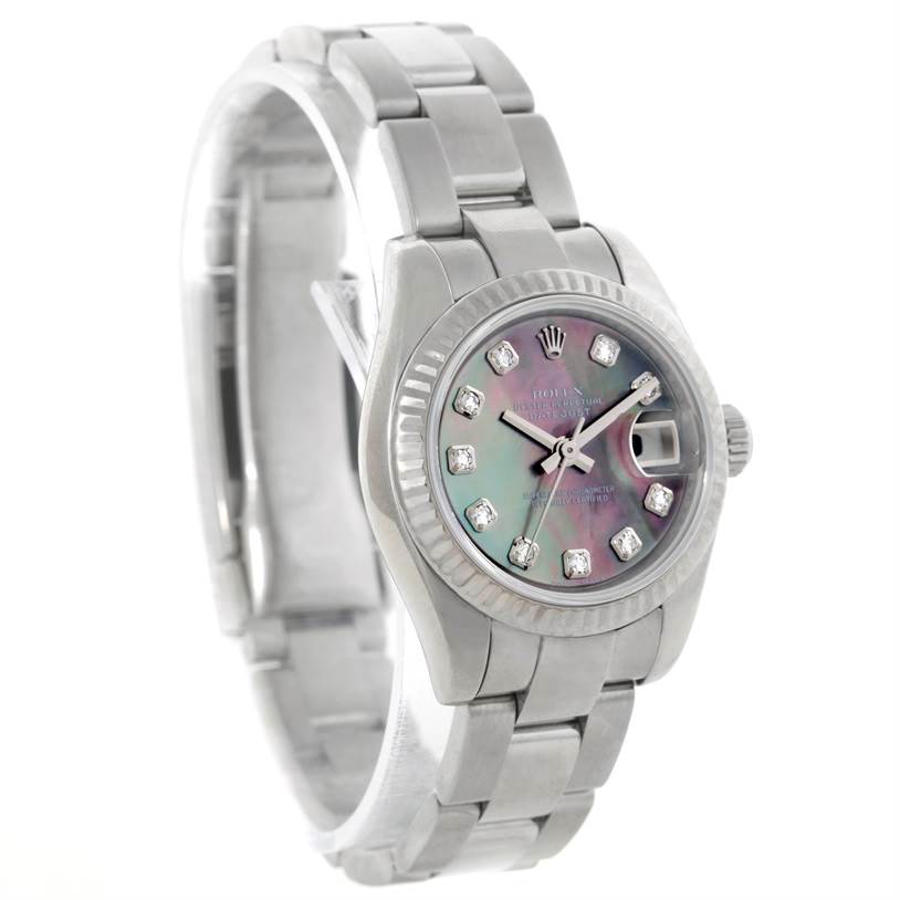The image shows a front-angled view of a Rolex Datejust 179174 Women's Stainless Steel Mother of Pearl Dial 179174 Women's Stainless Steel Mother of Pearl Dial watch displaying its face, bracelet, and part of the crown.