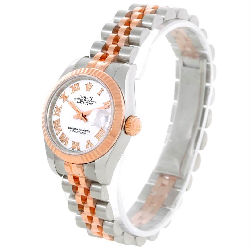 The image shows a Rolex Datejust 179171 Women's Steel and Gold (two tone) White Dial 179171 Women's Steel and Gold (two tone) White Dial model at a slight angle, displaying its face, two-tone bracelet, and crown.