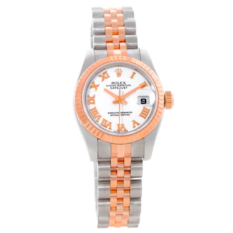 This image shows a front view of a Rolex Datejust 179171 Women's Steel and Gold (two tone) White Dial 179171 Women's Steel and Gold (two tone) White Dial watch, featuring a two-tone bracelet and a white dial with Roman numerals.