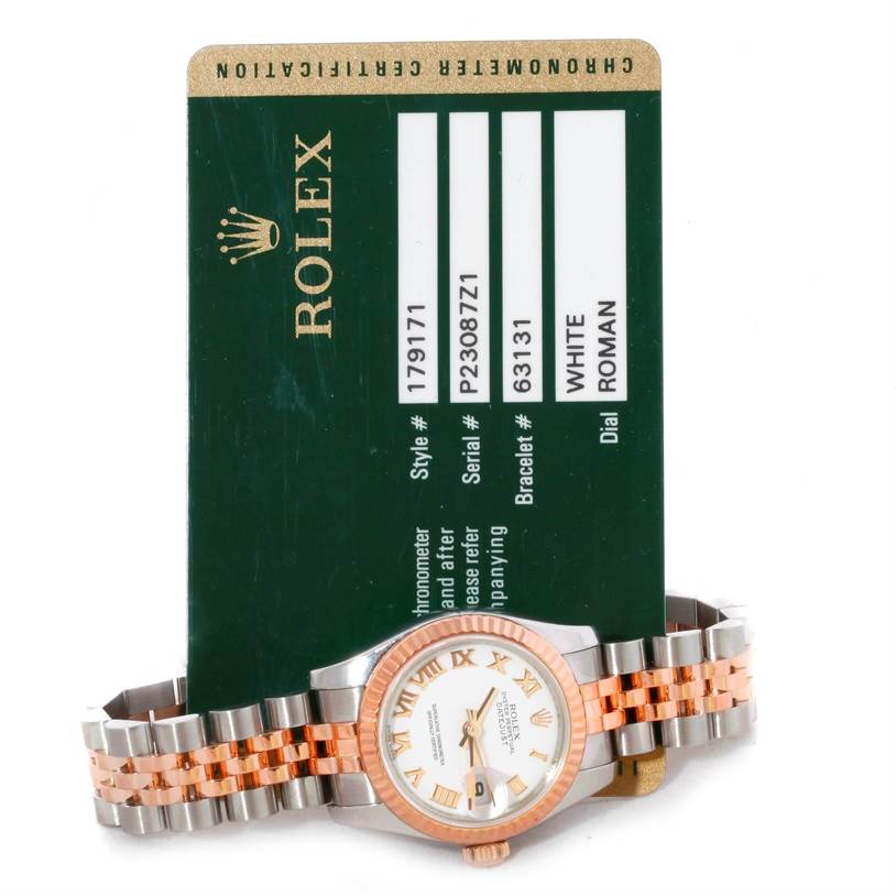 The image shows a Rolex Datejust 179171 Women's Steel and Gold (two tone) White Dial 179171 Women's Steel and Gold (two tone) White Dial watch with a two-tone bracelet and a card displaying model information, viewed from the front.