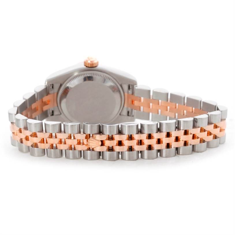This image shows the back of a Rolex Datejust 179171 Women's Steel and Gold (two tone) White Dial 179171 Women's Steel and Gold (two tone) White Dial watch, highlighting its two-tone metal bracelet and clasp.
