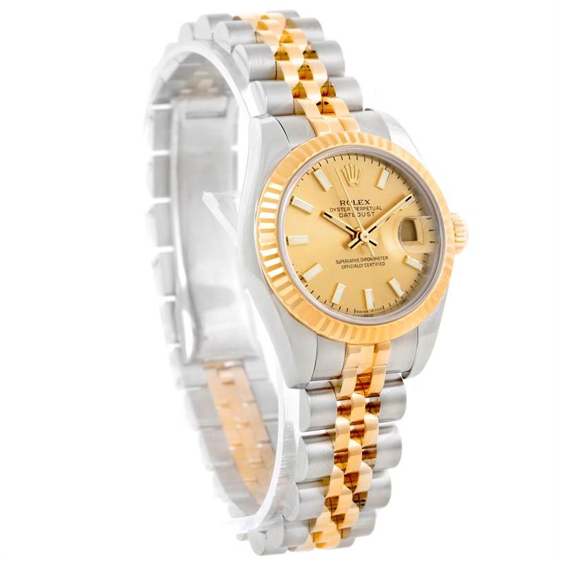 The Rolex Datejust 179173 Women's Steel and Gold (two tone) Champagne Dial 179173 Women's Steel and Gold (two tone) Champagne Dial watch is shown at a three-quarter angle highlighting the dial, bezel, and two-tone bracelet.