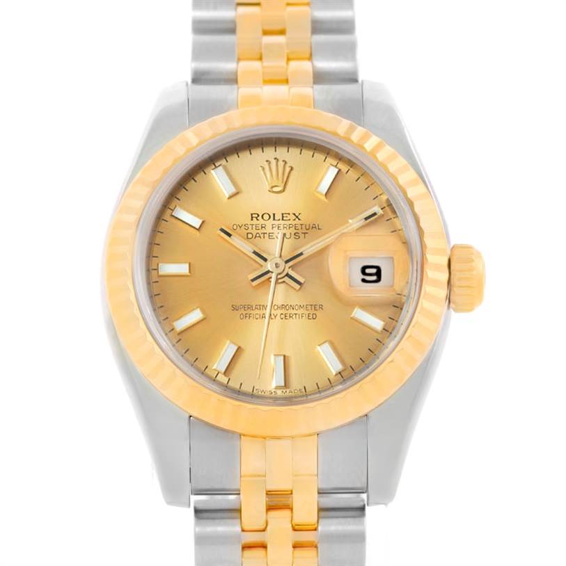 The image shows a front view of a Rolex Datejust 179173 Women's Steel and Gold (two tone) Champagne Dial 179173 Women's Steel and Gold (two tone) Champagne Dial watch, highlighting its dial, bezel, and part of the bracelet.
