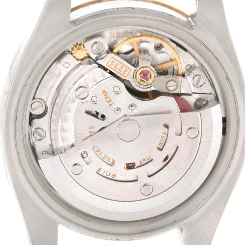 This image shows the back view of the Rolex Datejust 179173 Women's Steel and Gold (two tone) Champagne Dial 179173 Women's Steel and Gold (two tone) Champagne Dial watch, highlighting its intricate movement mechanism.