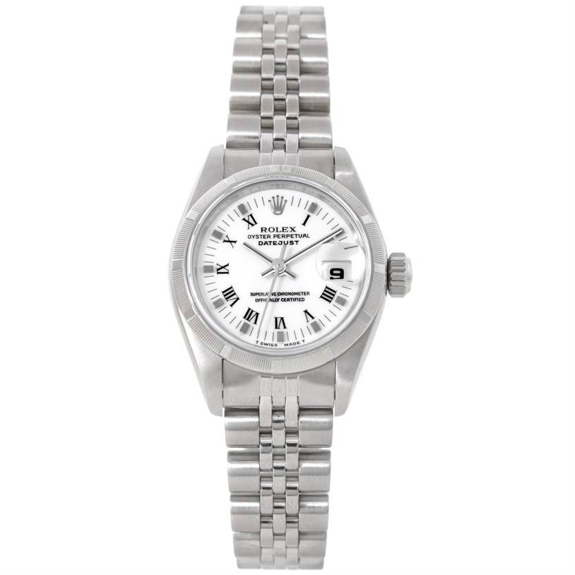 This image shows a frontal view of the Rolex Datejust 79190 Women's Stainless Steel White Dial 79190 Women's Stainless Steel White Dial watch, highlighting its dial, bezel, bracelet, and crown.