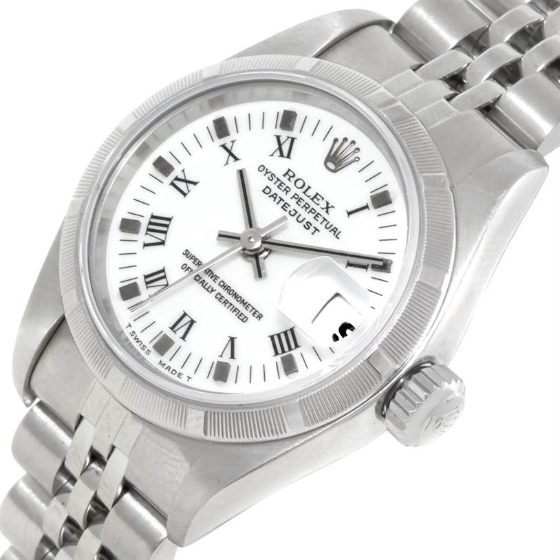 The image shows a Rolex Datejust 79190 Women's Stainless Steel White Dial 79190 Women's Stainless Steel White Dial watch at an angled view, highlighting the dial, bezel, crown, and part of the bracelet.