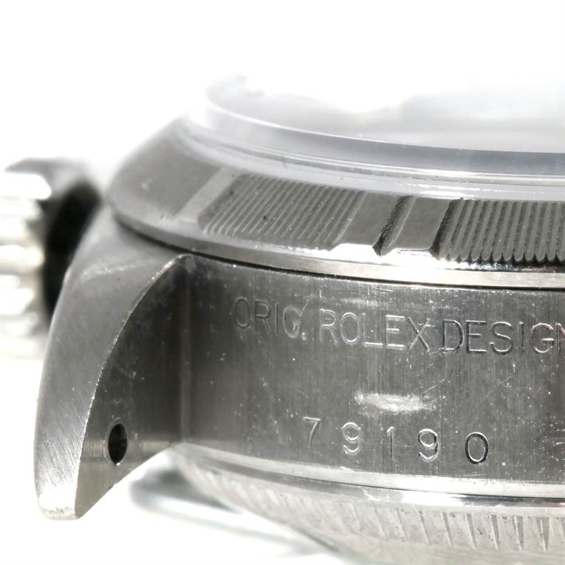 The image shows a close-up of the side case and bezel of a Rolex Datejust 79190 Women's Stainless Steel White Dial 79190 Women's Stainless Steel White Dial watch, highlighting its model number 79190.