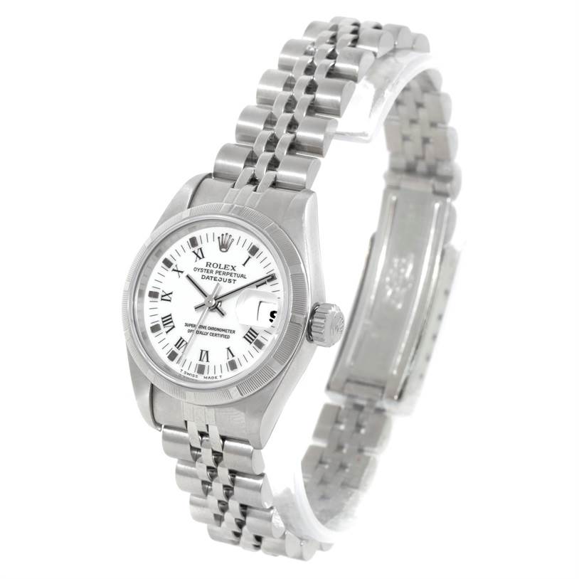 The image shows a Rolex Datejust 79190 Women's Stainless Steel White Dial 79190 Women's Stainless Steel White Dial watch at a slight angle, showcasing the white dial, Roman numeral markers, date window, and stainless steel Jubilee bracelet.
