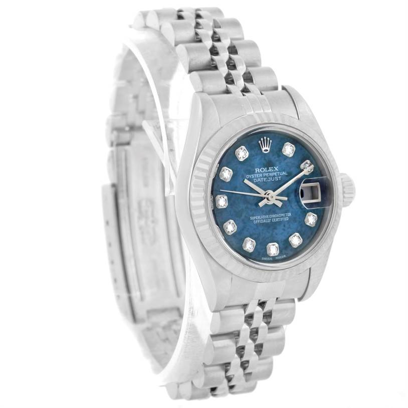 The image shows a Rolex Datejust 79174 Women's Stainless Steel Blue Dial 79174 Women's Stainless Steel Blue Dial watch at a slight angle, highlighting the dial, bezel, bracelet, and crown.