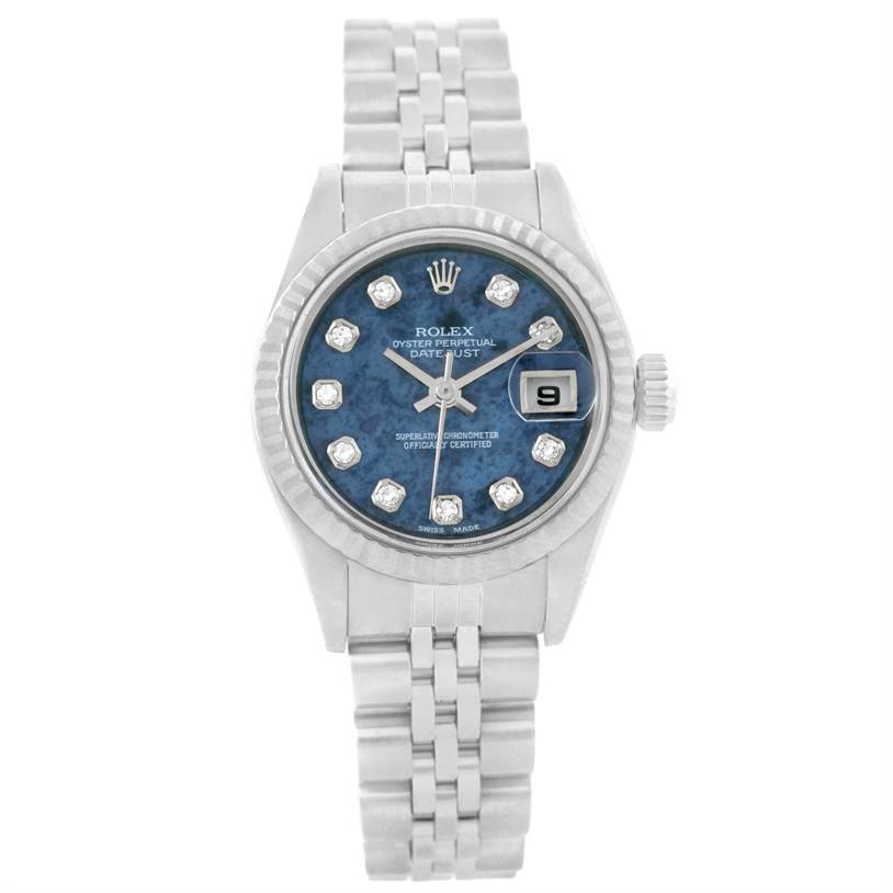 The Rolex Datejust 79174 Women's Stainless Steel Blue Dial 79174 Women's Stainless Steel Blue Dial watch is shown from the front, displaying the face, bezel, dial, crown, and bracelet.